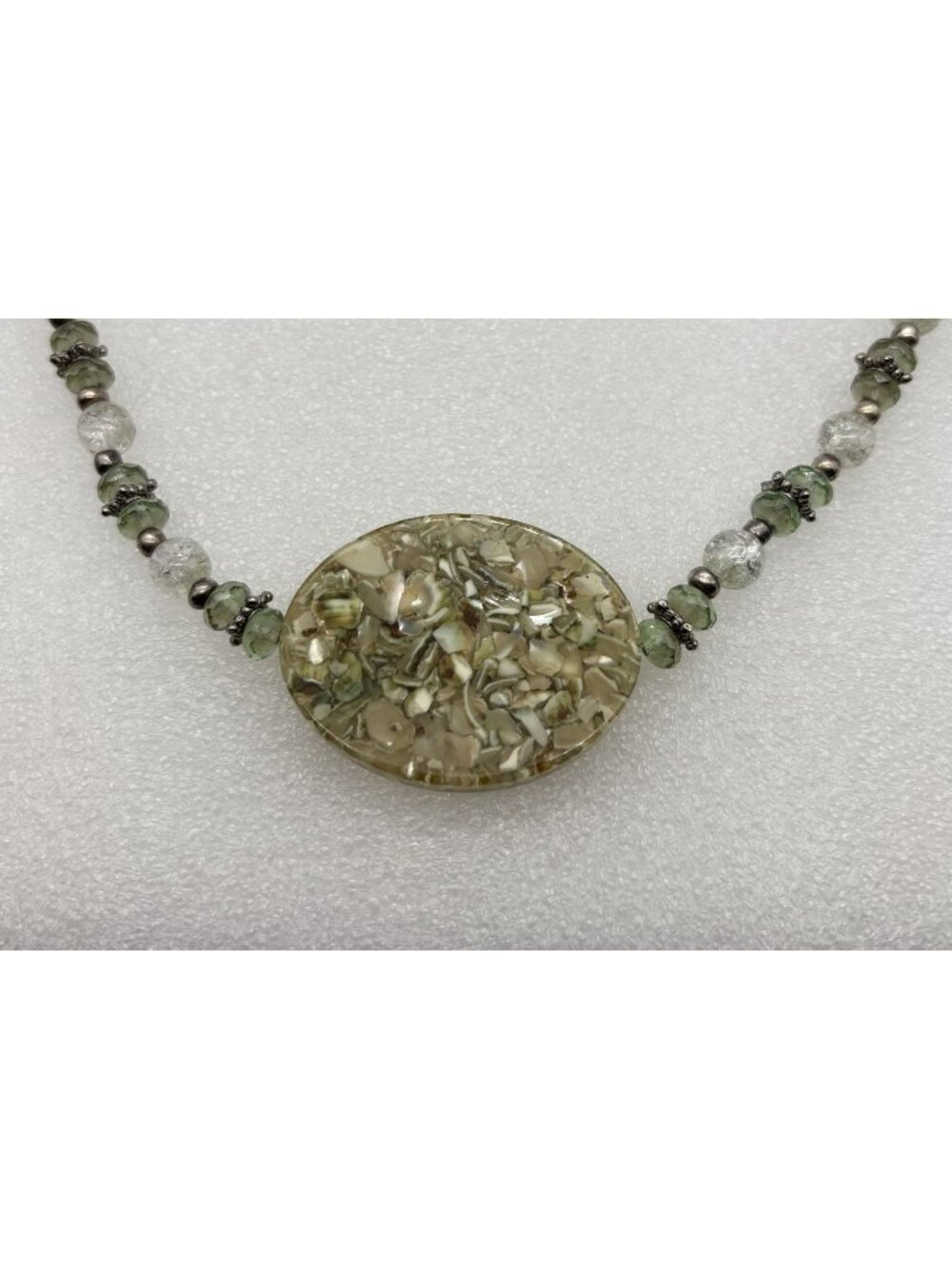 Artisan Made Shells in Resin Necklace Green Crystals Clear Glass Sterling Clasp